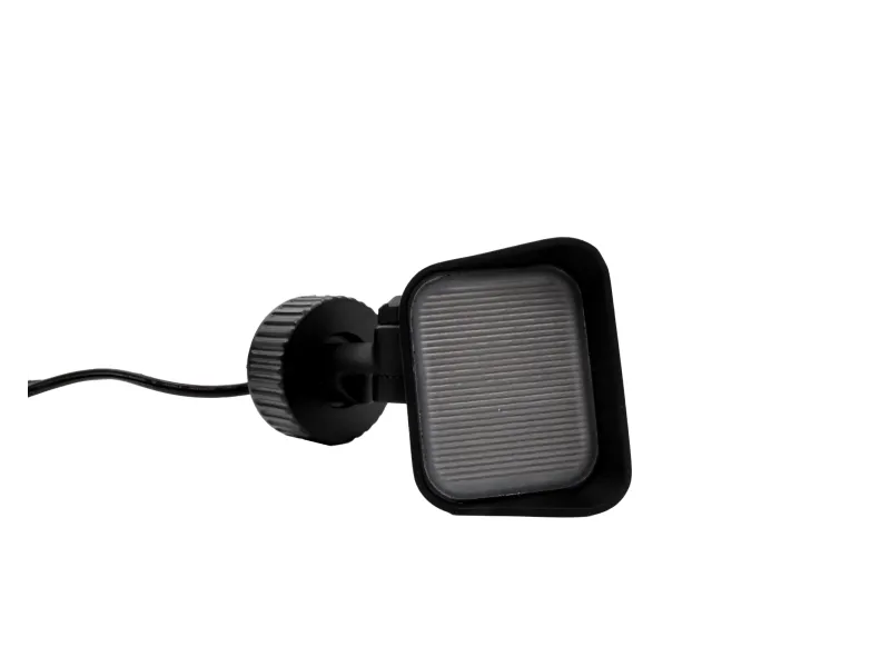 Black wired microphone with a square head and adjustable mount on a white background.