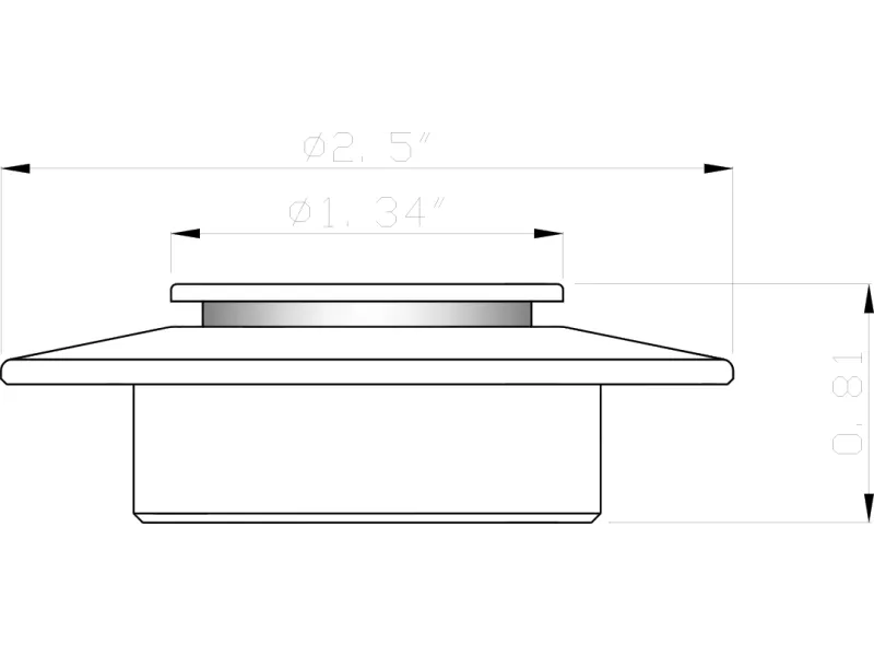Technical side view drawing of a circular mechanical part with dimensions 2.5 inch diameter and 0.81 inch height.