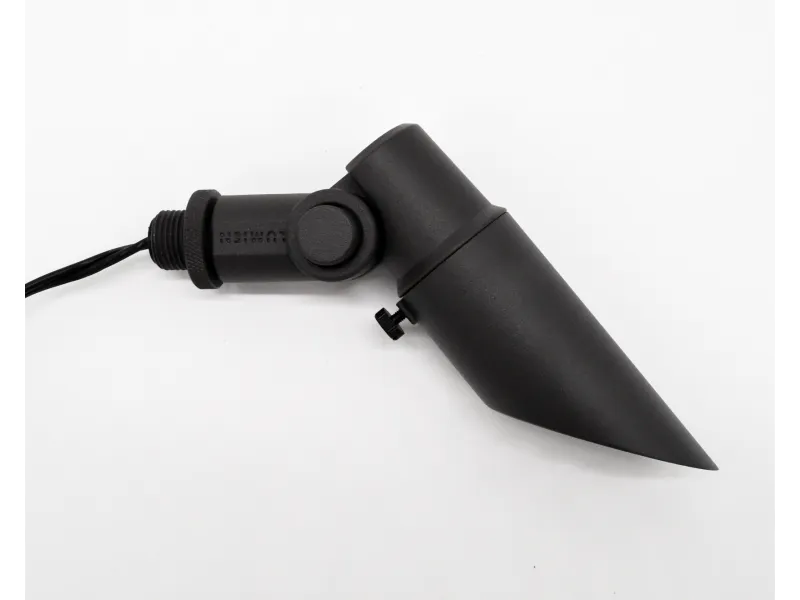 Black adjustable outdoor spotlight with pointed housing and wired base on a white background