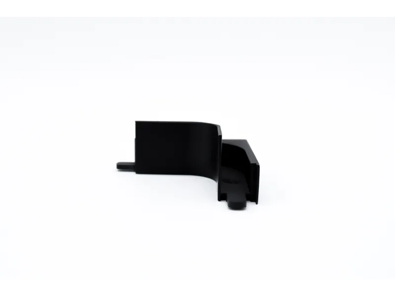 Black plastic right-angle corner bracket with tabs on a white background for mounting or structural support.