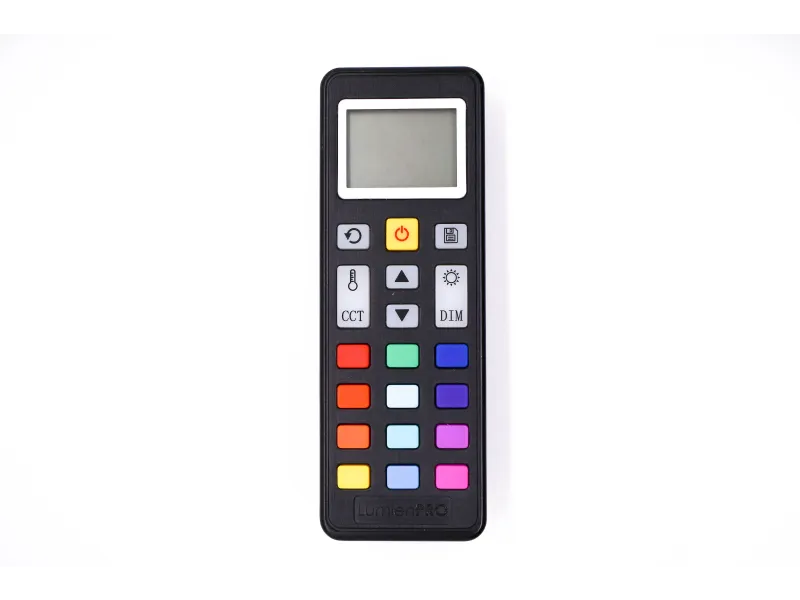 a black rectangular device with colorful buttons