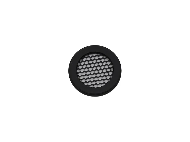 Black circular honeycomb grid with hexagonal pattern on a white background.