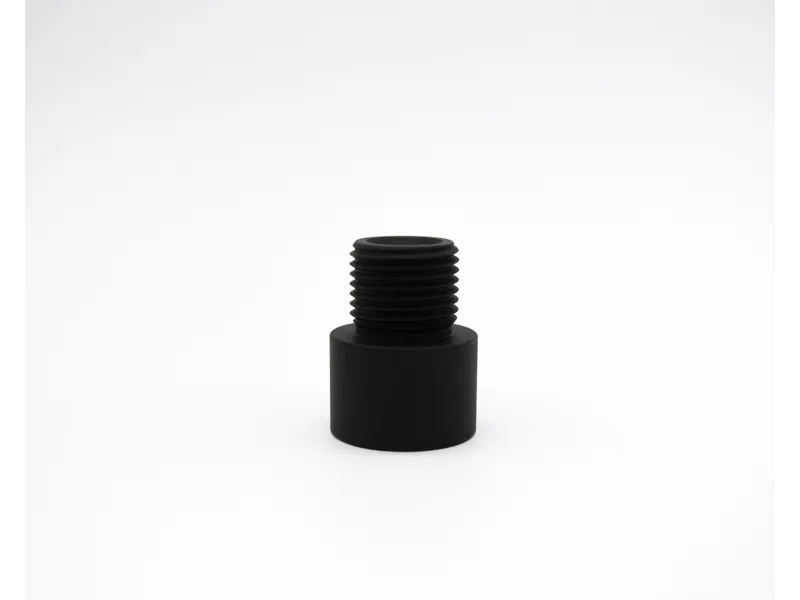 Black threaded cylindrical adapter with ribbed upper section on white background