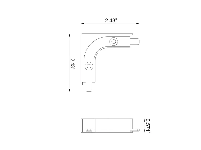 Technical drawing of an L-shaped mechanical part with dimensions 2.43 inches by 2.43 inches and a thickness of 0.57 inches.