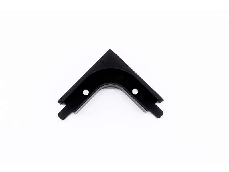 Black L-shaped plastic corner bracket with two circular holes on a white background.