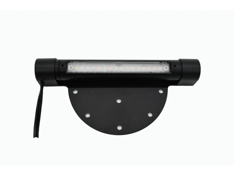 Black LED strip light with circular mounting plate and attached power cable on white background