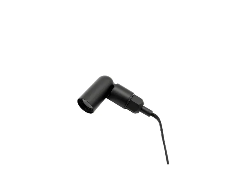 Black right-angle cable connector with hexagonal nut and cable on white background