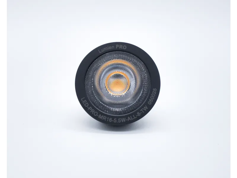 Front view of a Lumien PRO LED spotlight with concentric rings and black casing on white background.