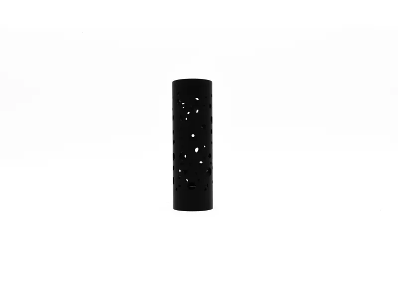 Tall black cylindrical object with irregular holes on a white background, minimalistic design and modern style.