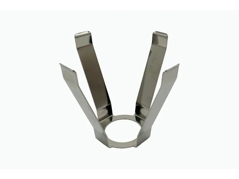 Metal plant holder with four sleek, elongated arms for stability and style.