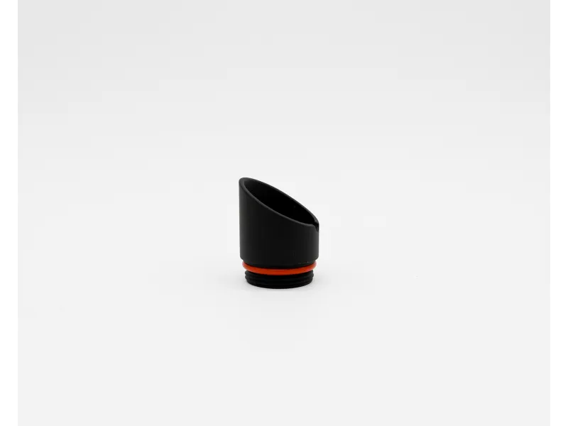 Black angled plastic nozzle with an orange ring and threaded base on a white background.