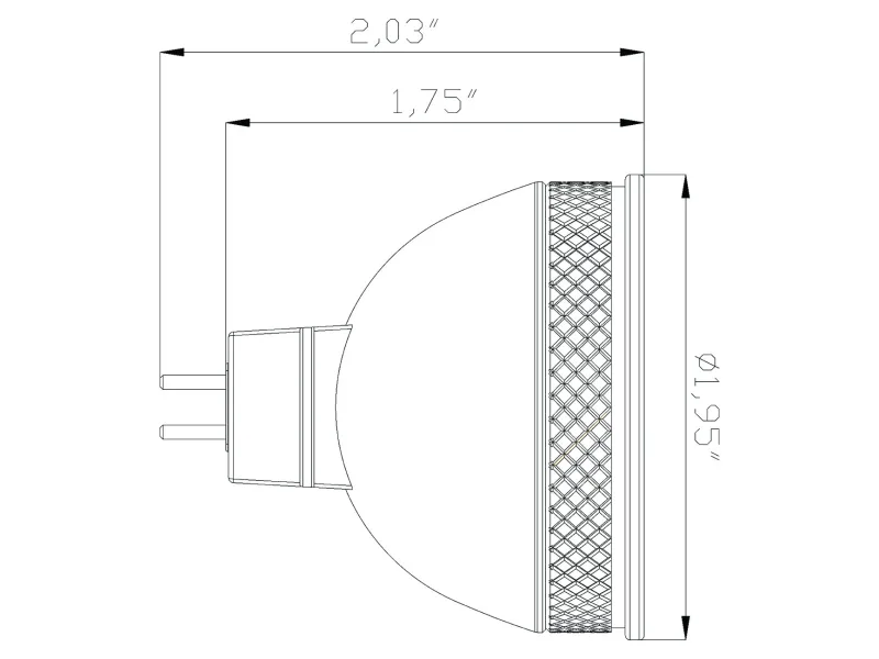 Technical drawing of a dome-shaped electrical component with detailed measurements and textured grip area.