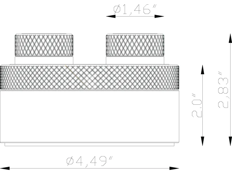 Technical drawing of a cylindrical object with knurled knobs and precise measurements in inches