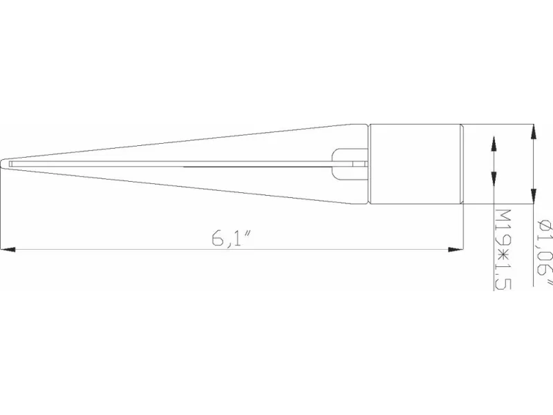 Technical drawing of a tapered cylindrical tool with dimensions 6.1 inches length and M19x1.5 thread.