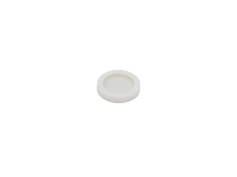 Small round white button or cap with a recessed center, isolated on white background.