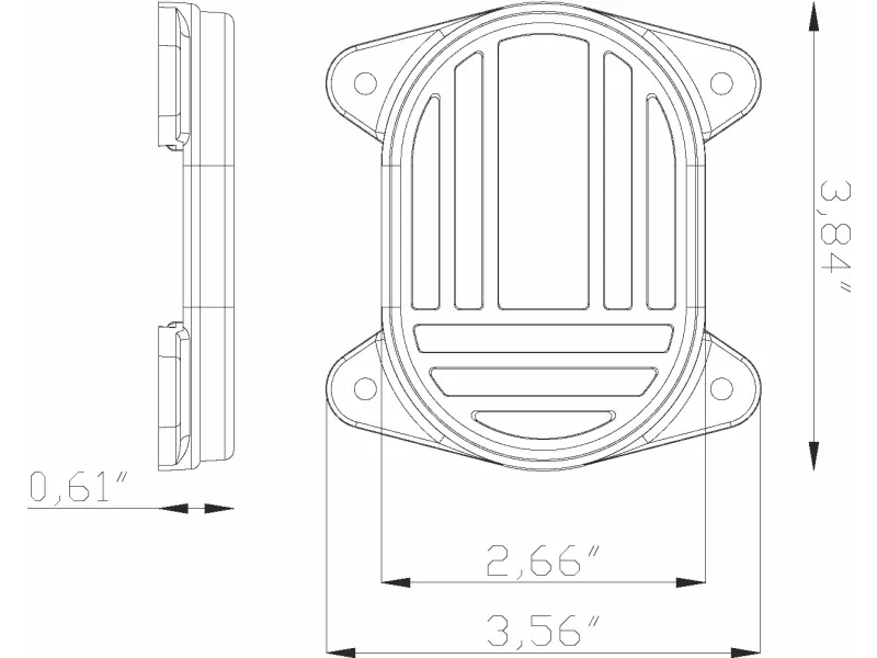 Technical drawing of an oval shaped device with mounting tabs and detailed dimensions in inches.