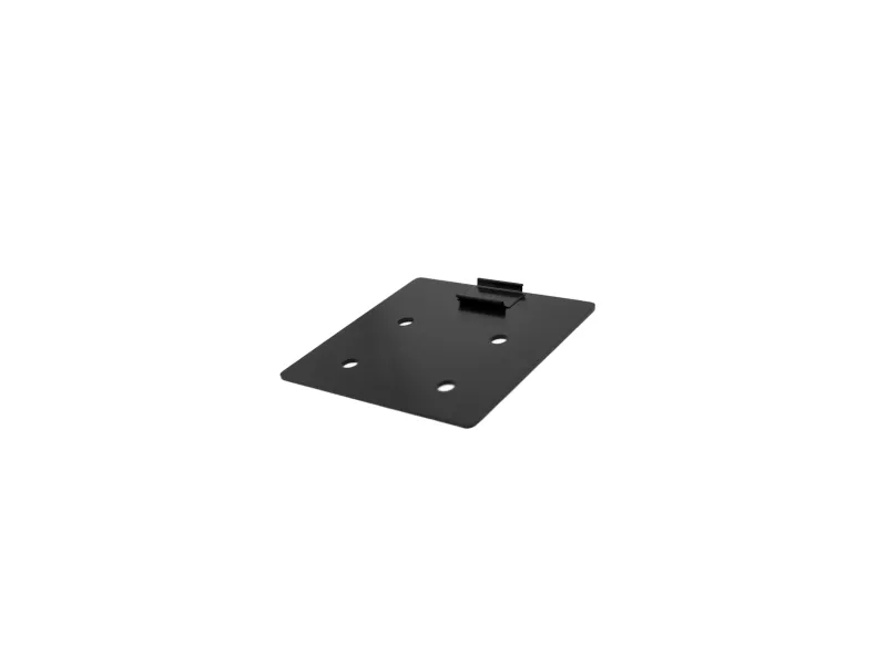 Black metal mounting bracket plate with four holes and two clips isolated on white background.