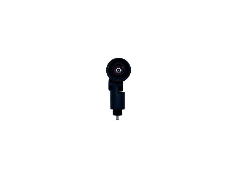 Black handheld rotary tool head attachment isolated on white background for precision work.