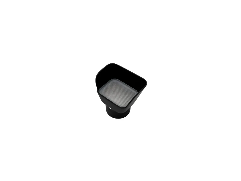 Black camera lens hood with a rectangular shape on a white background, viewed from above.