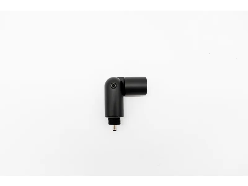 Black right-angle connector with screw thread on white background, isolated electronic or mechanical component.