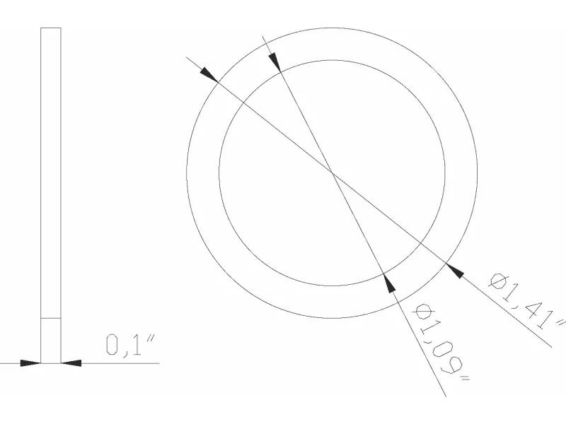 Technical drawing of a thin circular ring with outer diameter 1.41 inches and inner diameter 1.09 inches, thickness 0.1 inch