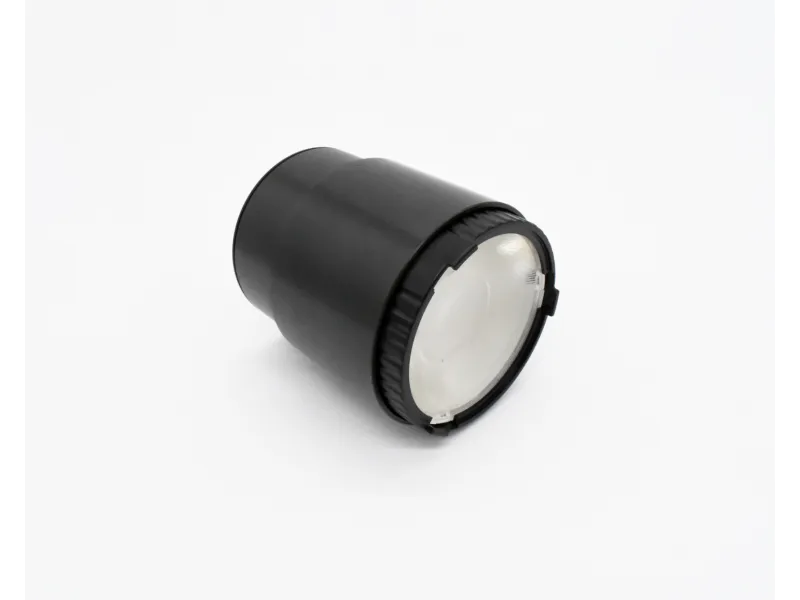 Black cylindrical camera lens accessory with a clear circular glass element on a white background