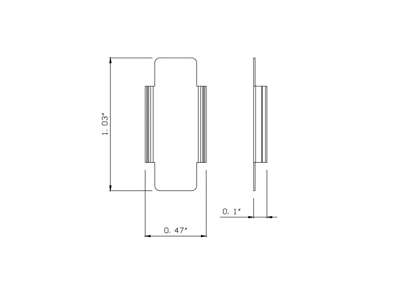 Technical drawing showing front and side views with dimensions 1.03 x 0.47 x 0.1 inches