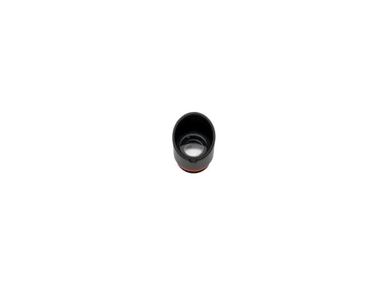 Close-up of a black camera lens with a red ring on a white background, isolated and centered.