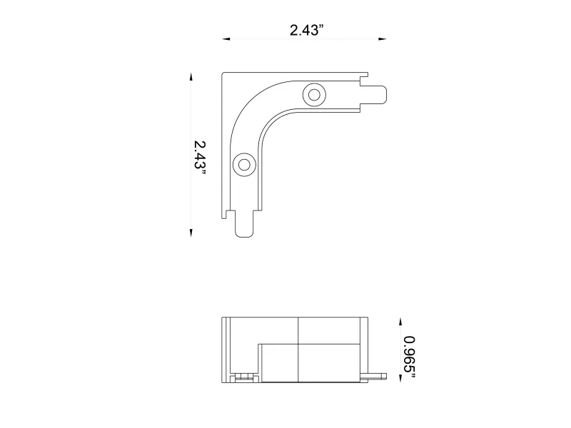 Technical drawing showing dimensions of an L-shaped connector with 2.43 inch sides and 0.965 inch thickness.