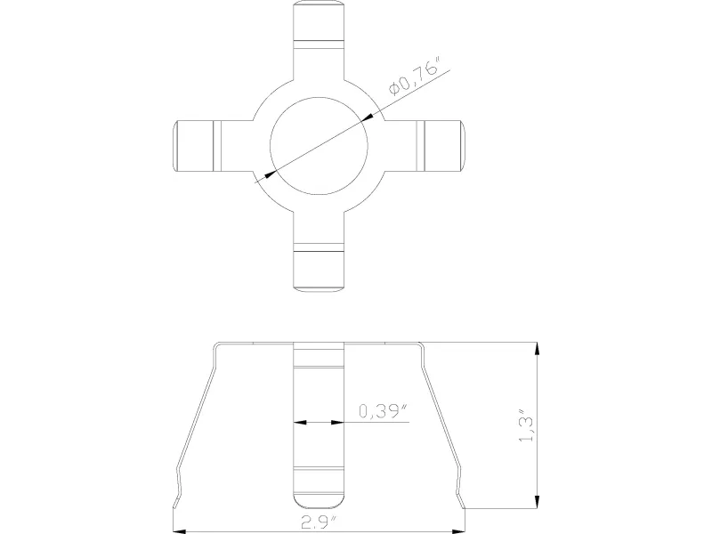 Technical drawing of a four-arm mechanical part with dimensions and diameter measurements.