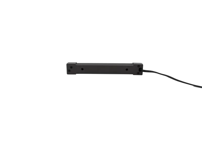 Black rectangular sensor bar with cable on a black background, used for motion detection or gaming consoles.