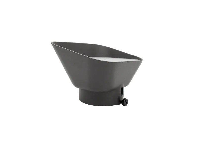 Black camera lens hood with rectangular shape and adjustable screw mount on white background