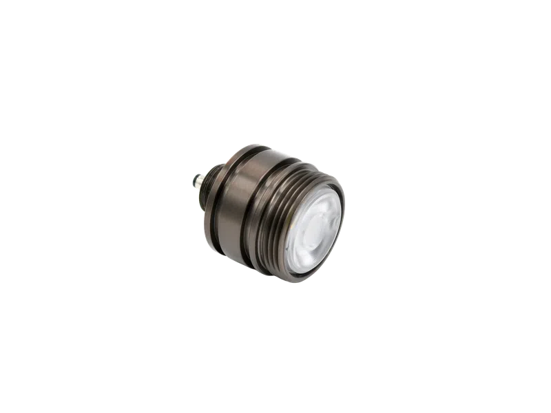 Close-up of a metallic threaded lens or optical component with a clear glass front on a white background.