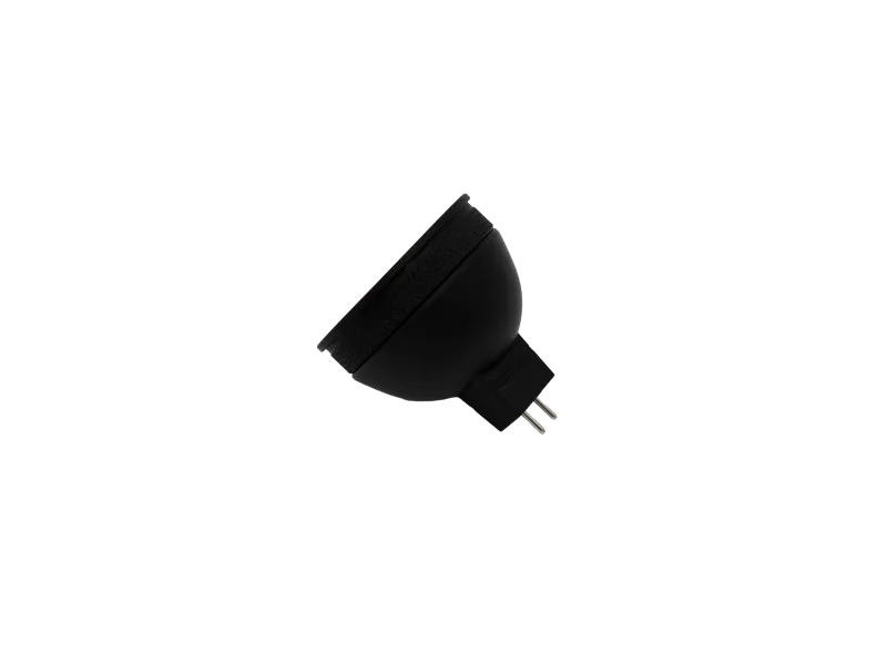 Black MR16 LED spotlight bulb with two-pin base isolated on black background.