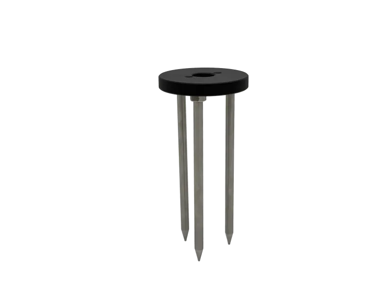 Black round base with three pointed metal stakes extending downward on a transparent background.