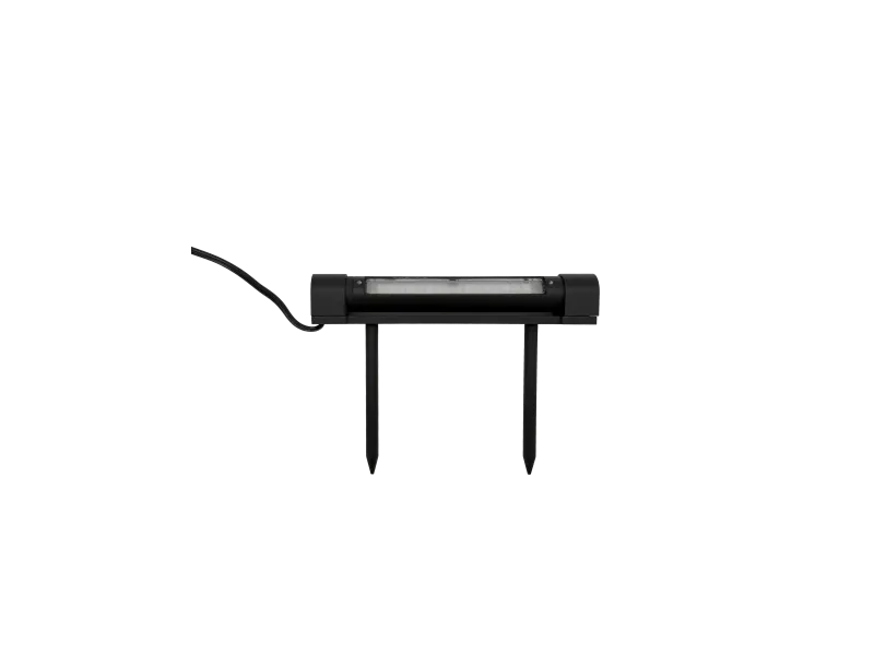 Black outdoor garden LED light with two stakes and attached power cable for ground installation.