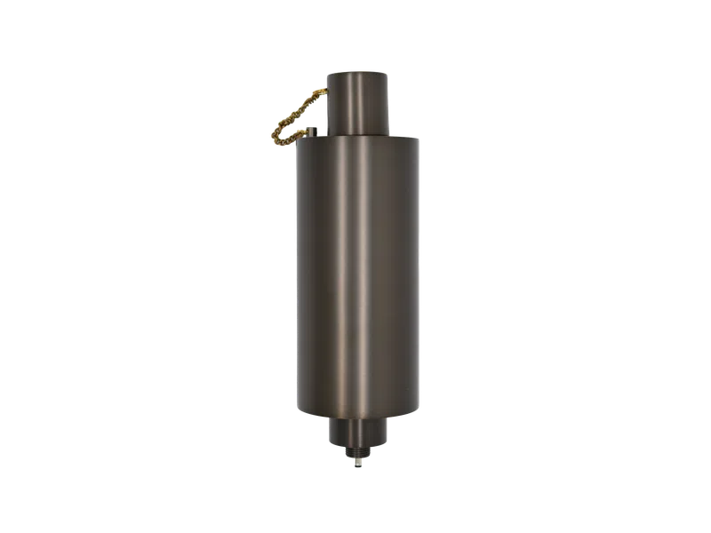 Dark metallic cylindrical object with a chain attached, possibly an industrial or mechanical part.