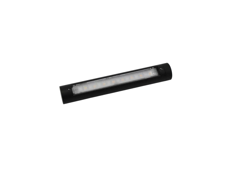 Black rectangular LED light bar with multiple small bulbs behind a diffuser, isolated on a black background.