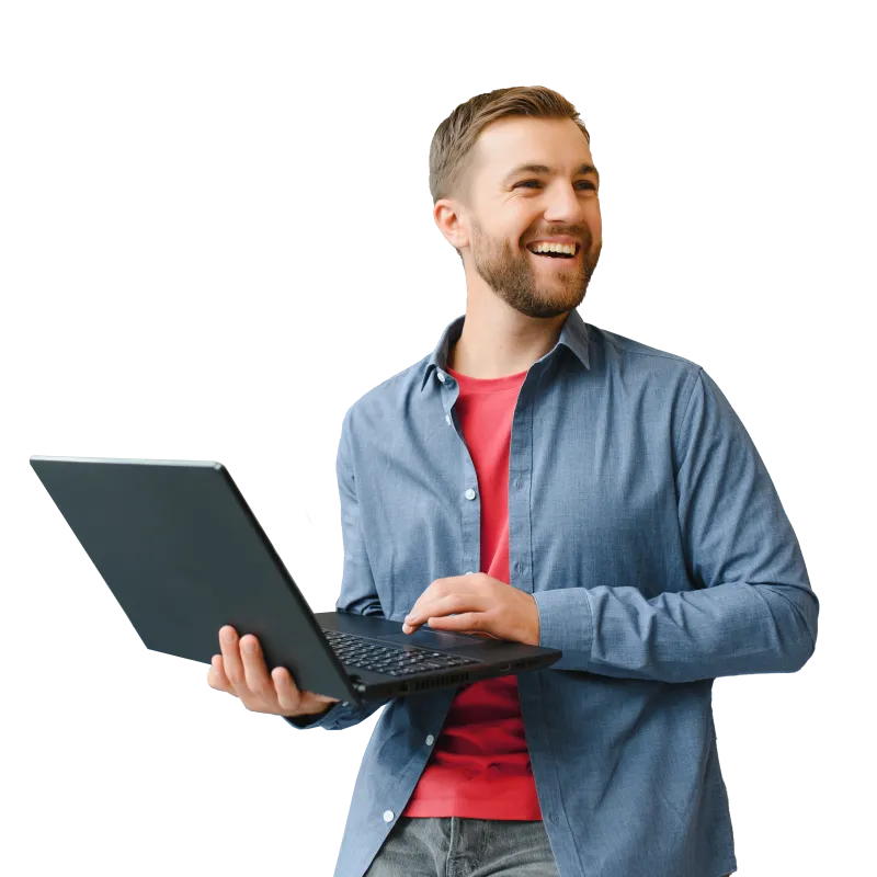Smiling young man in casual clothes holding laptop and looking away, standing isolated on transparent background