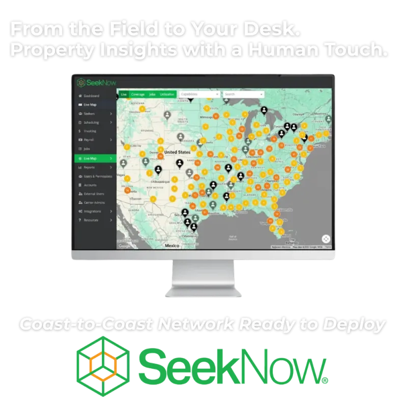 Computer monitor showing SeekNow property insights live map with data points across the United States.