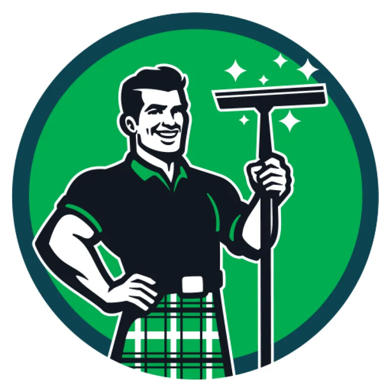 Smiling man in plaid kilt holding a sparkling squeegee inside a green circle logo