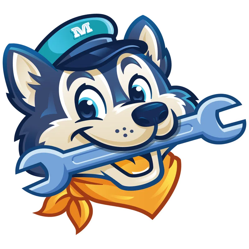 Smiling cartoon husky wearing a blue cap and orange scarf holding a wrench in its mouth.