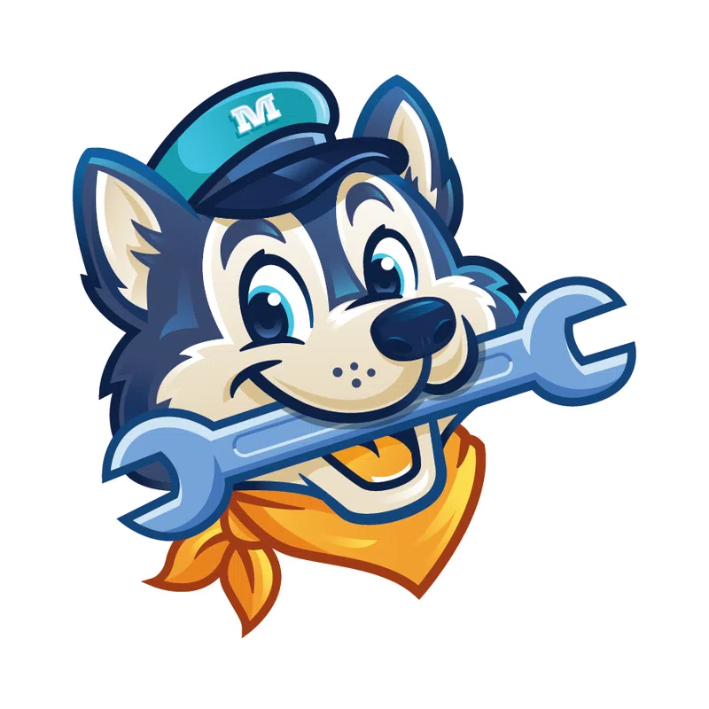 Smiling husky dog mascot wearing a blue cap and orange bandana holding a large blue wrench in its mouth