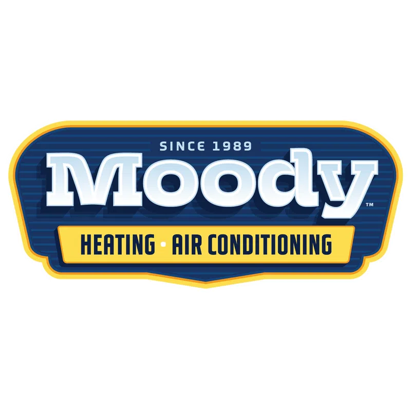 Moody Heating and Air Conditioning logo with a blue and yellow color scheme and text since 1989
