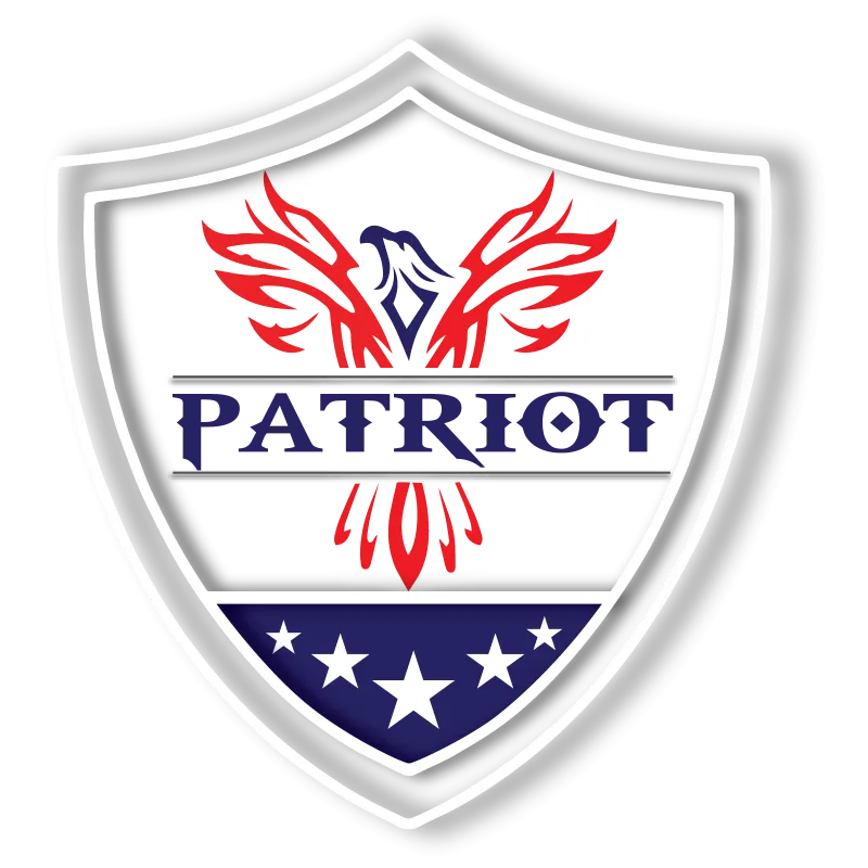 Black shield logo with a red and blue eagle, the word Patriot, and white stars on a blue banner.