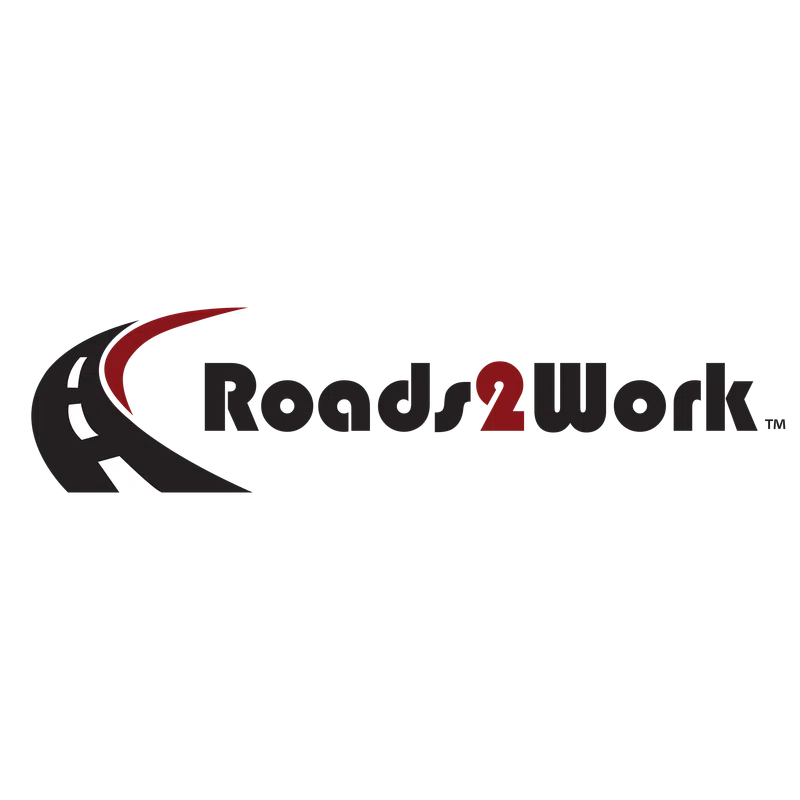 Roads2Work logo featuring a curved road graphic and bold text with number 2 in red.