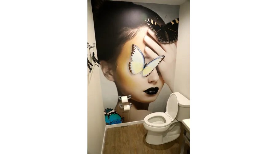 A bathroom in a guestroom of the Edwin Hotel