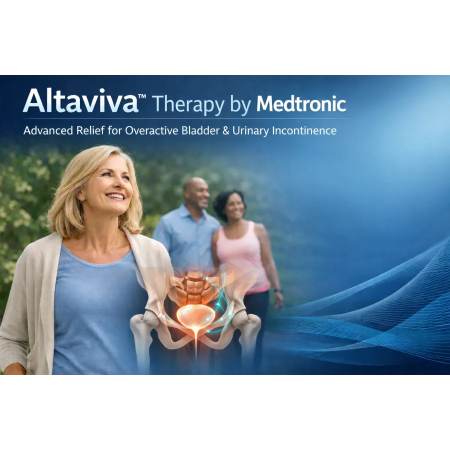 Happy middle-aged woman with highlighted bladder anatomy and couple walking in background, promoting Altaviva Therapy by Medtronic