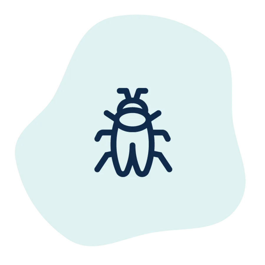 Simple navy blue insect icon on a light blue organic shape background symbolizing bug or pest.