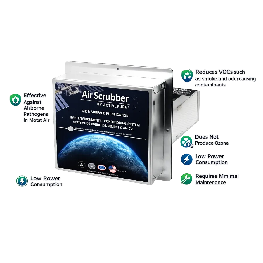 ActivePure Air Scrubber air and surface purifier with low power use, reduces VOCs, airborne pathogens, and requires minimal maintenance.